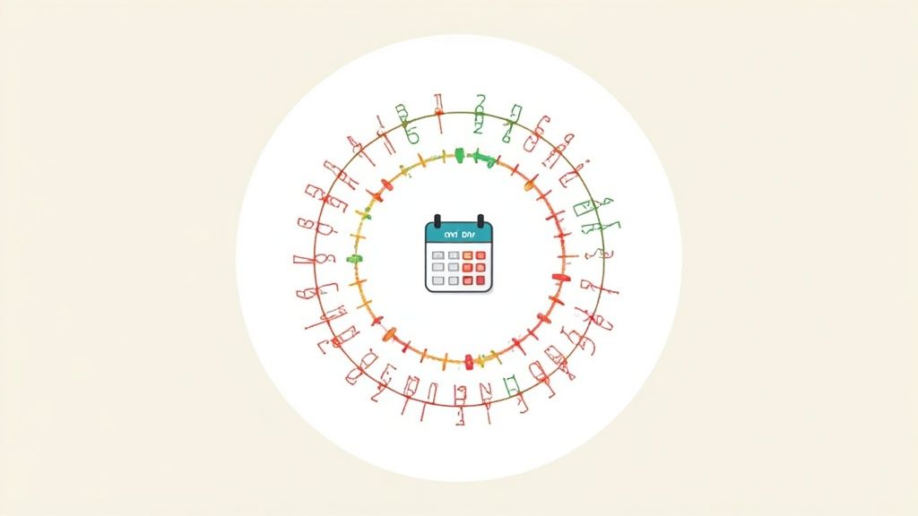 A calendar page showing a 52-week view, with some weeks highlighted to represent pay data.