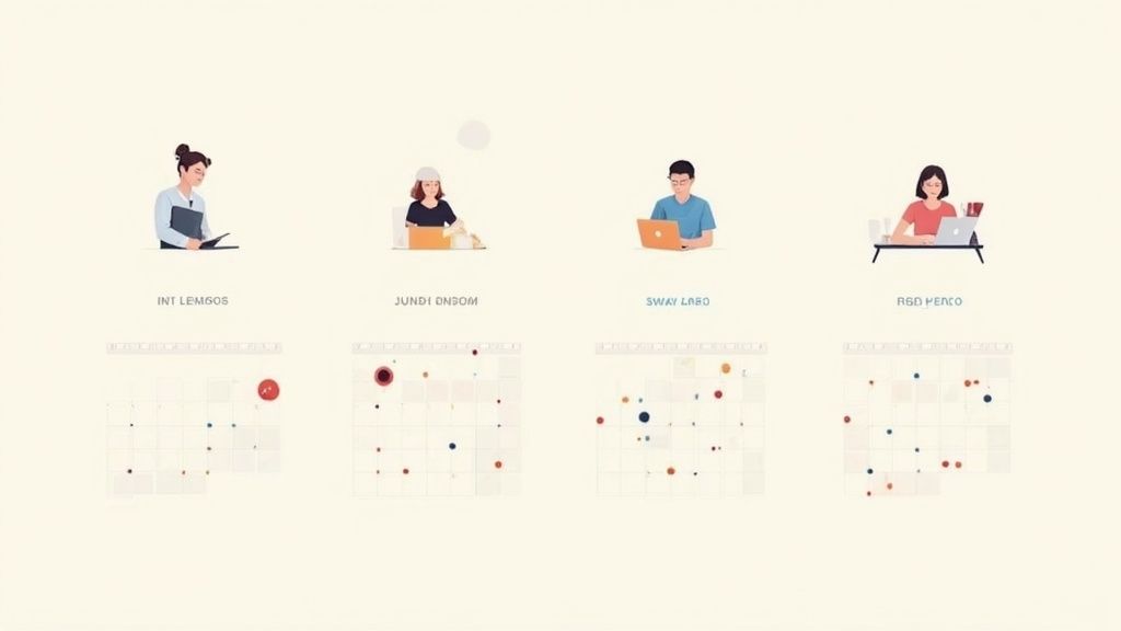 People collaborating at a work desk with laptops and calendars