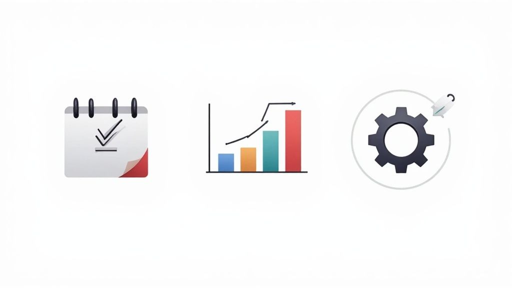 A close-up of a person's hands interacting with a digital tablet displaying employee absence management software interface with calendars and charts.