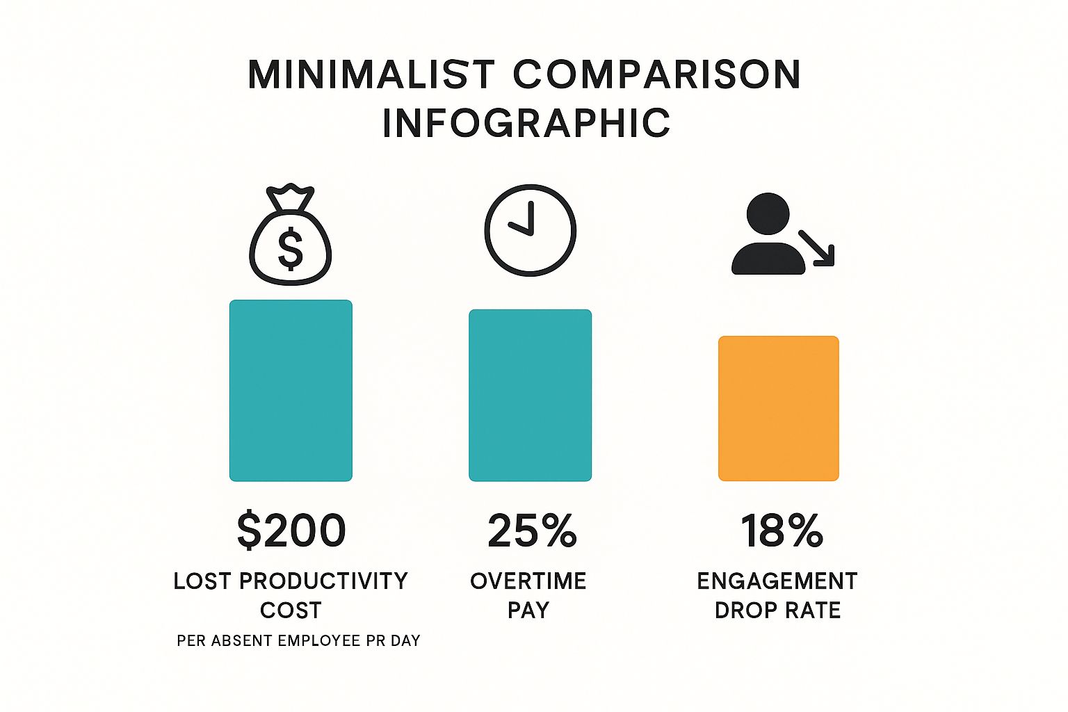 Infographic showing data points on lost productivity, increased overtime pay, and drops in employee engagement due to absenteeism.