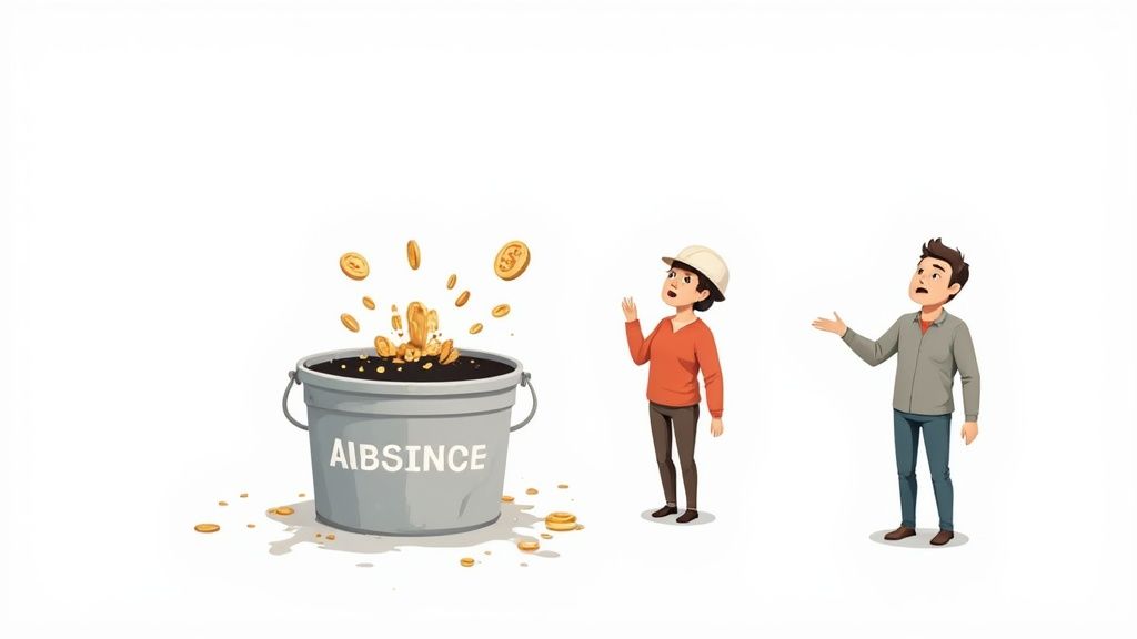 A professional in an office looking thoughtfully at a transparent board with charts and data, representing the analysis of employee absence data.