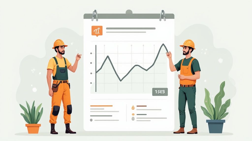 A graph showing a downward trend in annual leave taken, with concerned employees looking at it