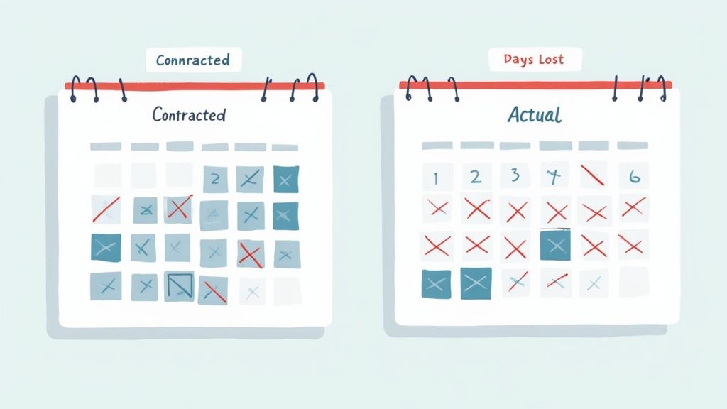 Two office workers discussing a project, with one pointing at a screen showing graphs