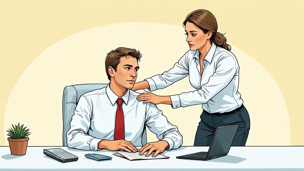 Two colleagues having a supportive conversation in a modern office space, highlighting a positive work environment.