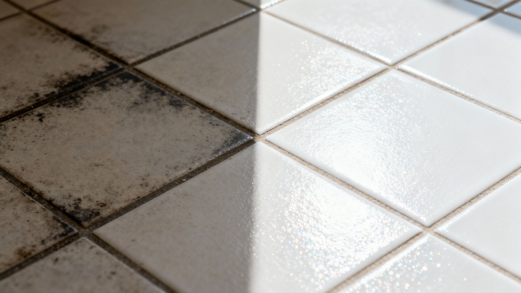 Diagonal split of dirty, moldy floor tiles transforming into sparkling white and clean.
