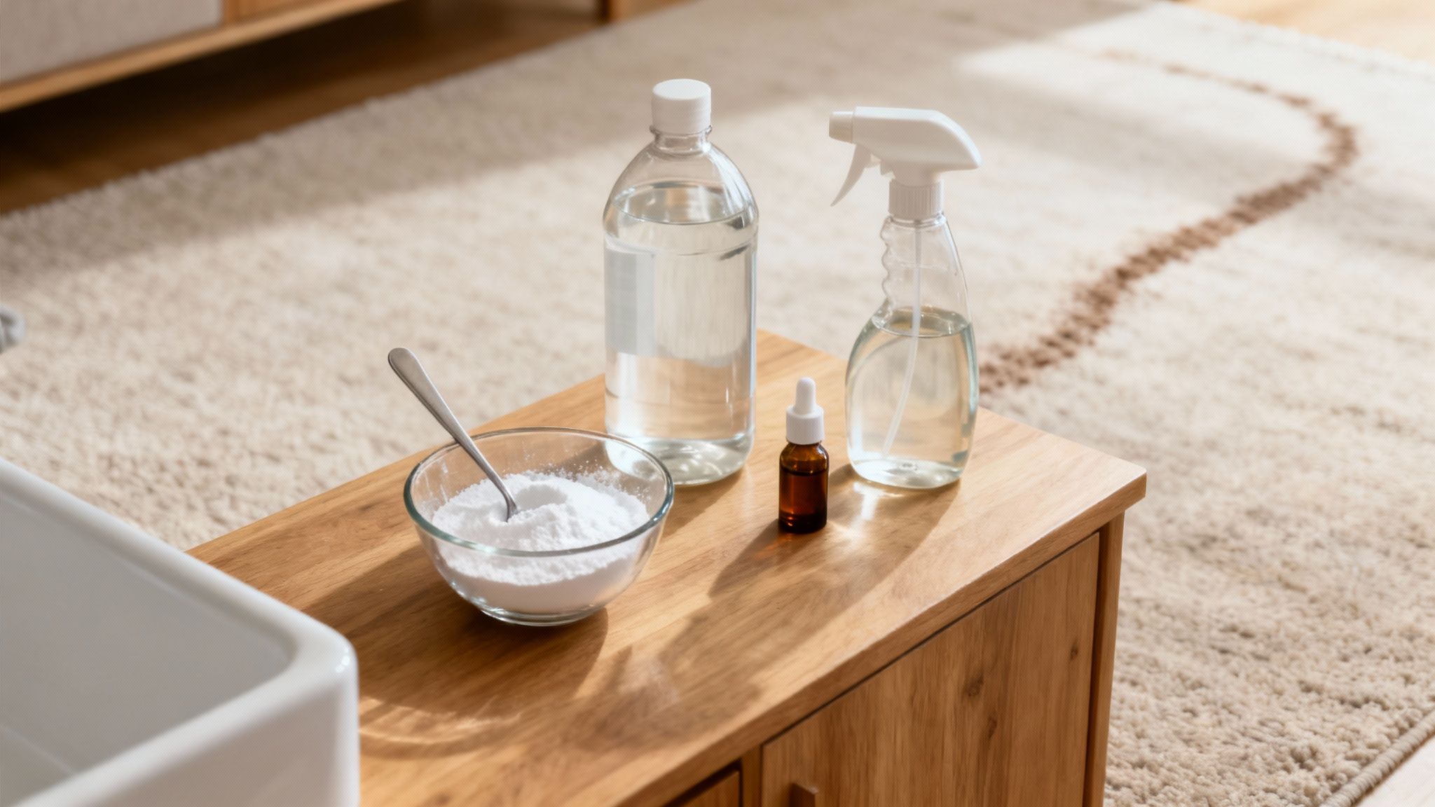 Ingredients for homemade carpet cleaner: baking soda, vinegar, essential oil, and a spray bottle on a wooden table.