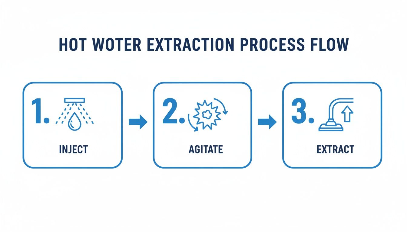 Diagram showing the 3-step hot water extraction process: inject, agitate, and extract.