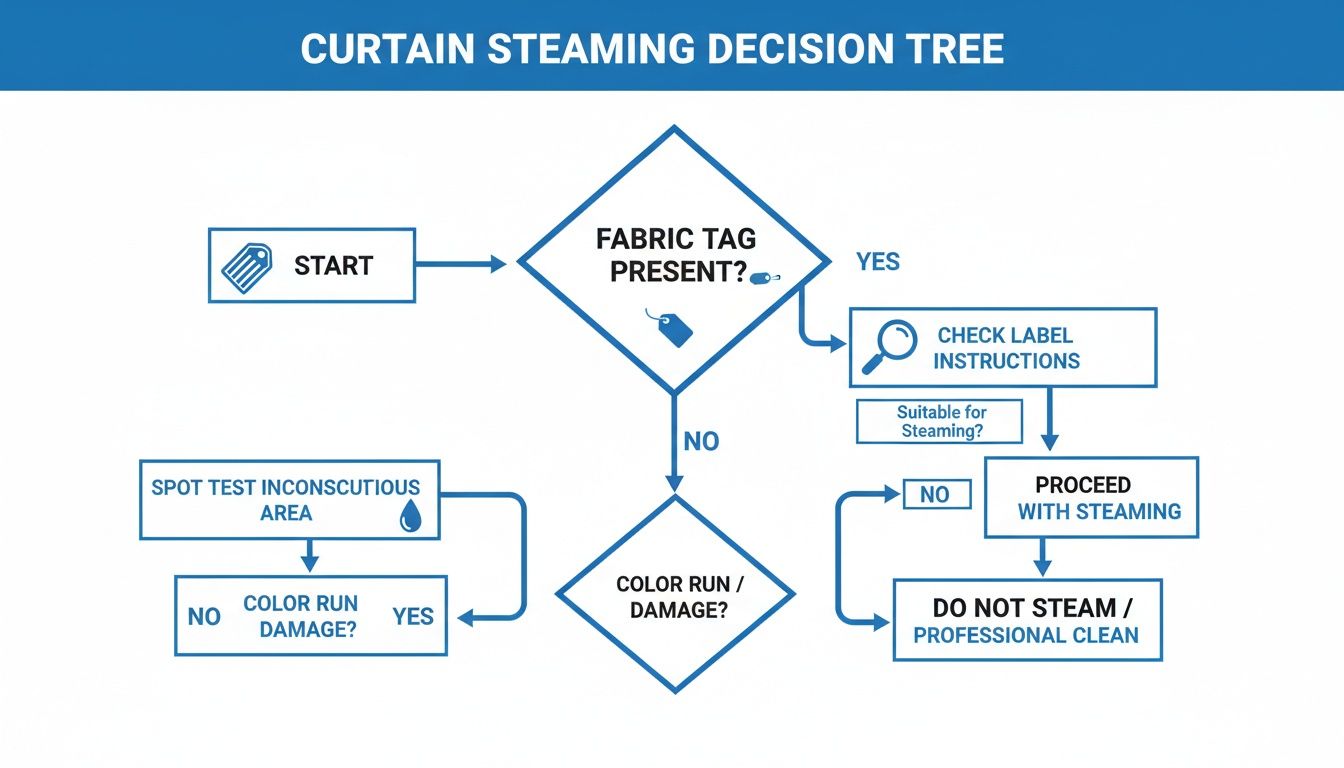 Decision tree flowchart for curtain steaming process, covering fabric tag, label instructions, and spot testing.