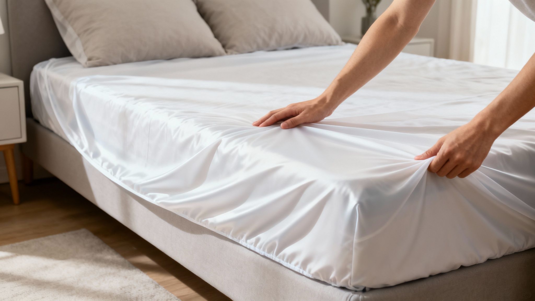 Person putting white fitted sheet mattress protector cover on bed in modern bedroom