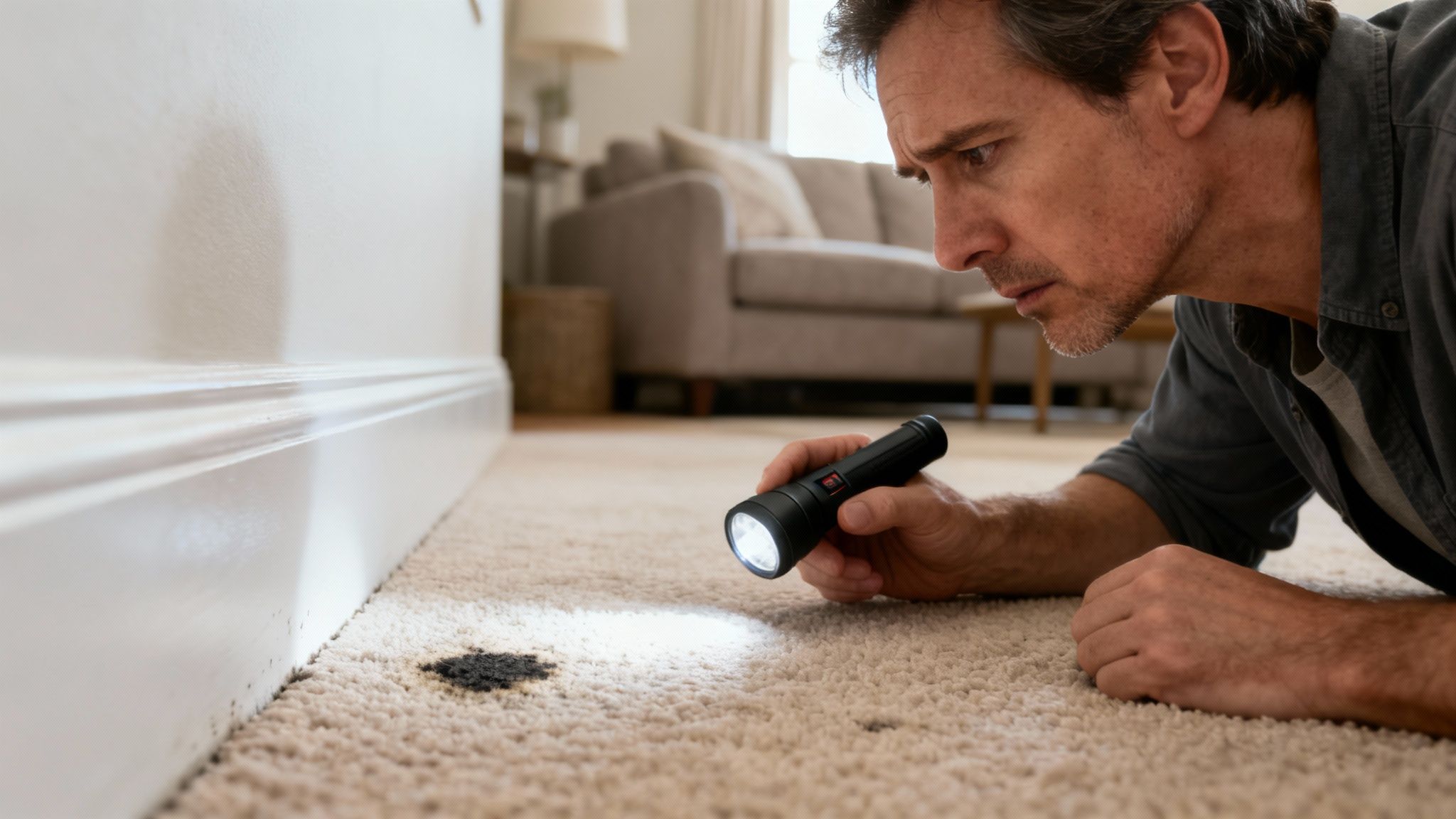 A man carefully inspects a dark mold spot on a beige carpet with a flashlight.