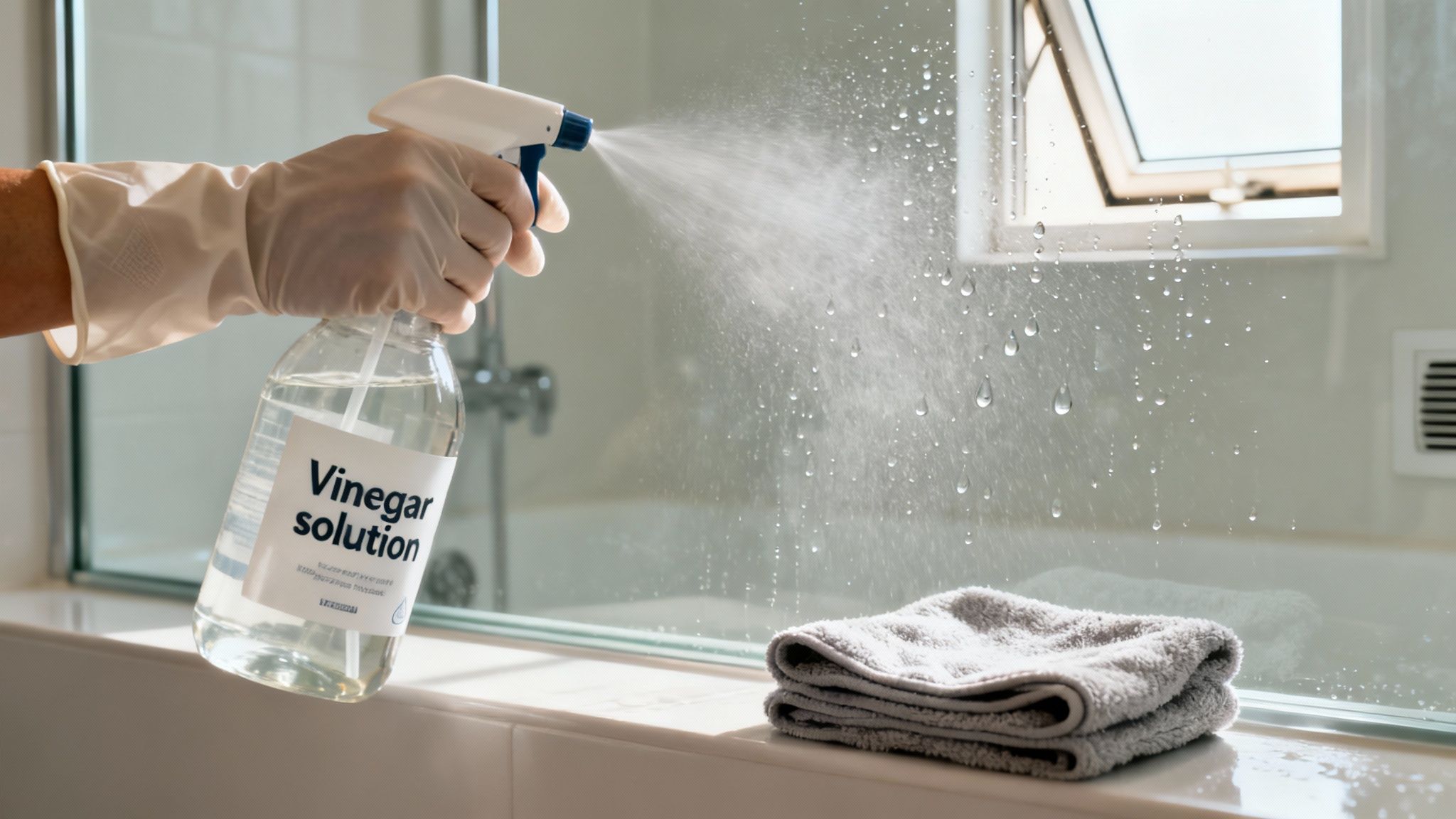 A gloved hand sprays vinegar solution onto a glass shower door with water droplets and a towel.
