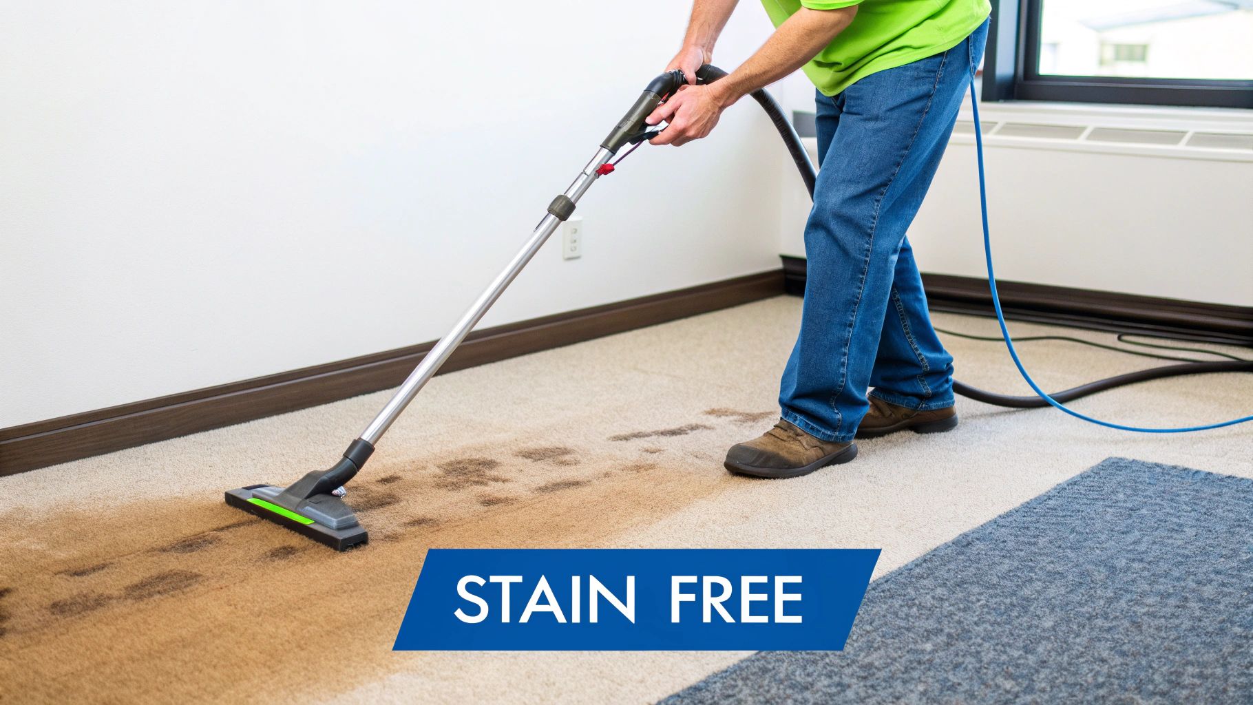A professional carpet cleaner using a steam wand to remove a tough stain from a light-coloured carpet.