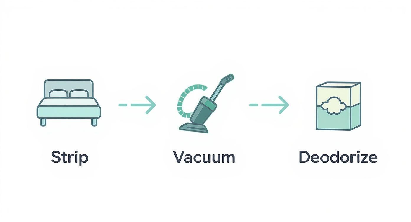 Three step mattress cleaning process showing stripping bed, vacuuming, and deodorizing with illustrations