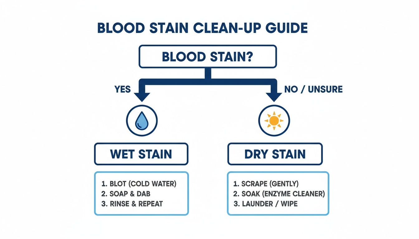 A flowchart guide explaining how to clean blood stains, with separate steps for wet and dry stains.