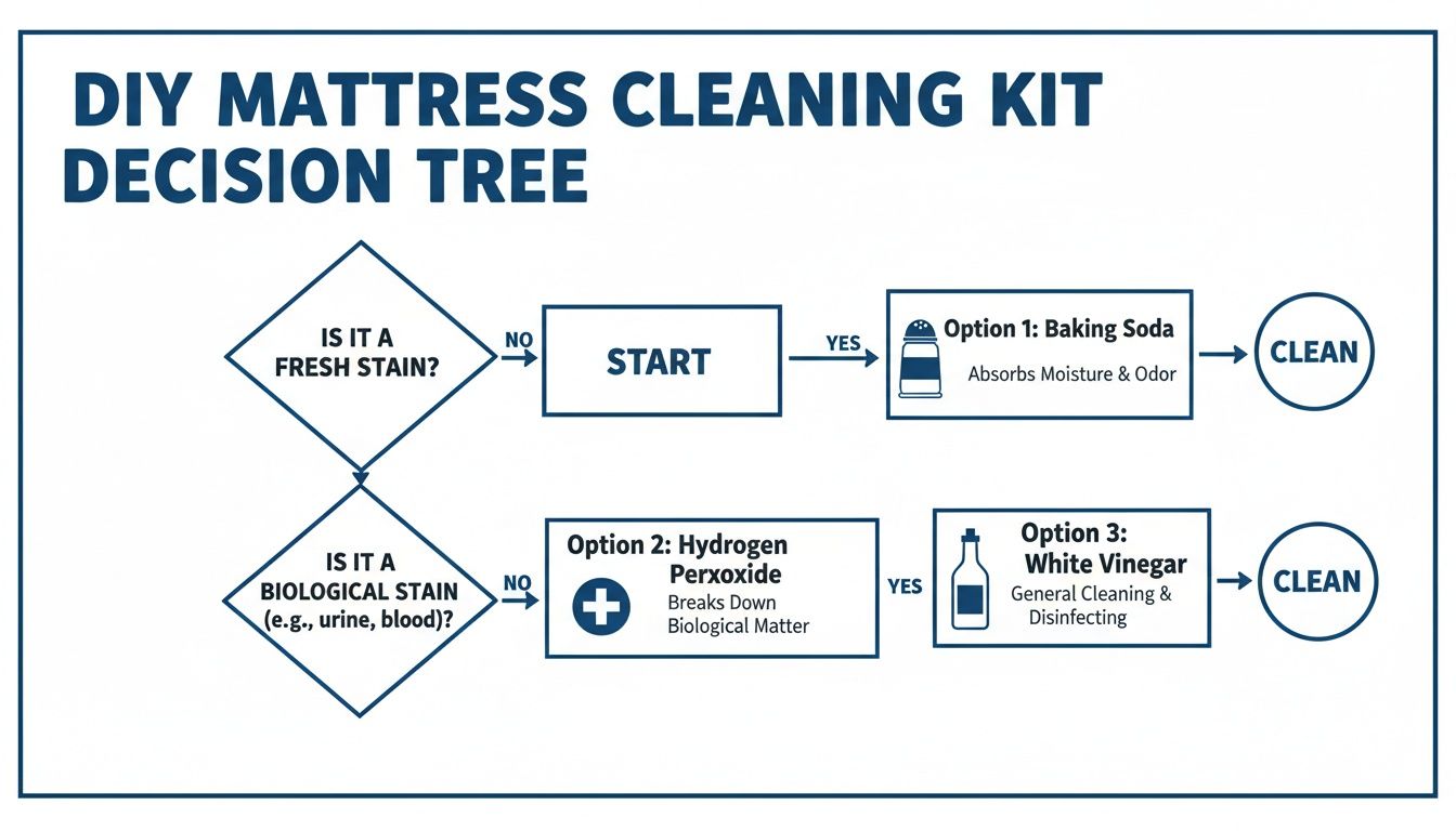 Decision tree for DIY mattress cleaning, guiding users through options for fresh, biological, and general stains.