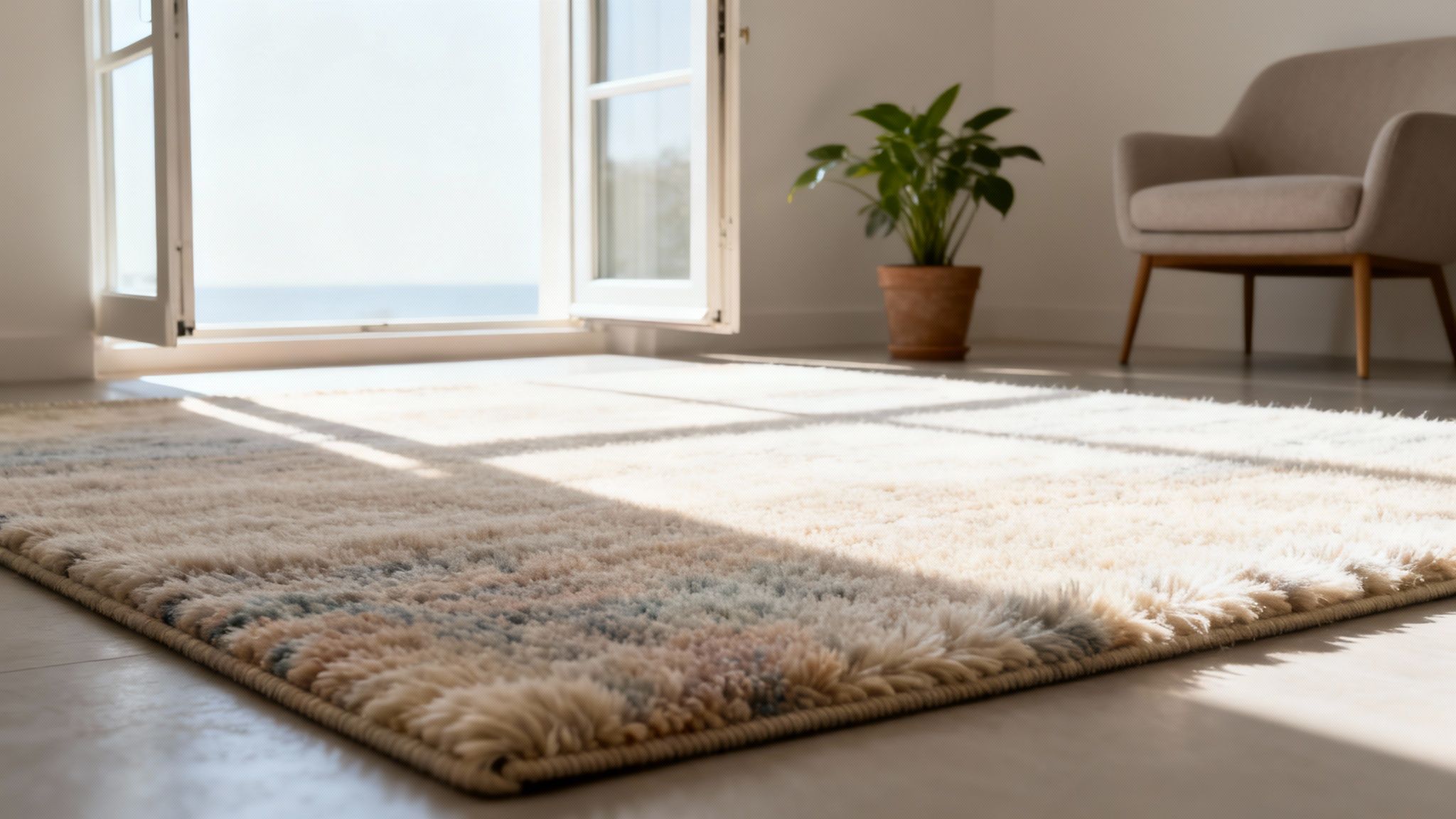A fluffy, patterned rug in a sunlit room with an open window overlooking the ocean.