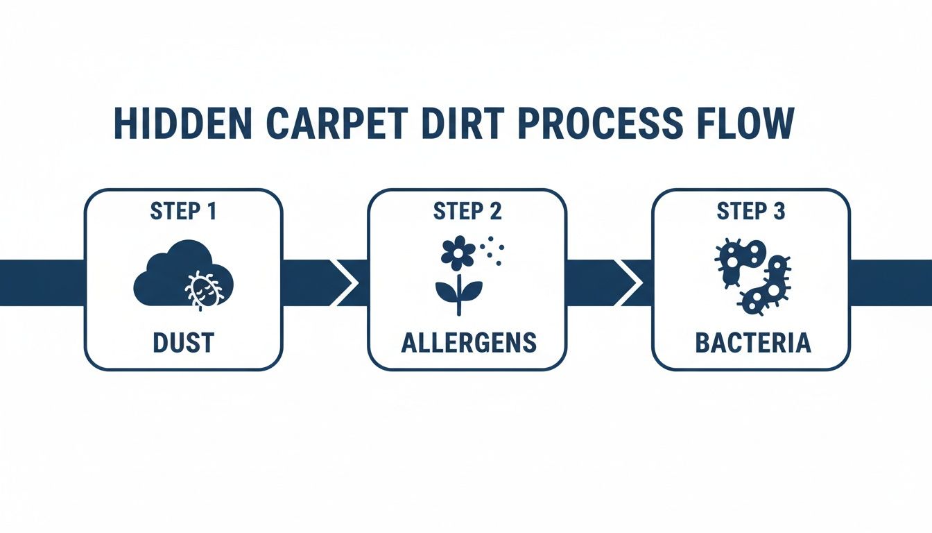 A three-step process flow illustrating hidden carpet dirt: dust, allergens, and bacteria.