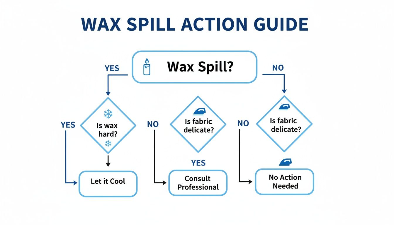 Flowchart guiding actions for wax spills, checking if wax is hard or fabric delicate.
