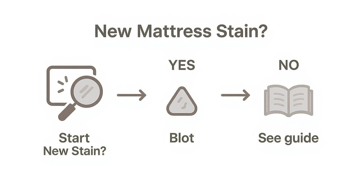 Flowchart showing steps to treat new mattress stain: identify stain, blot if yes, or see guide if no