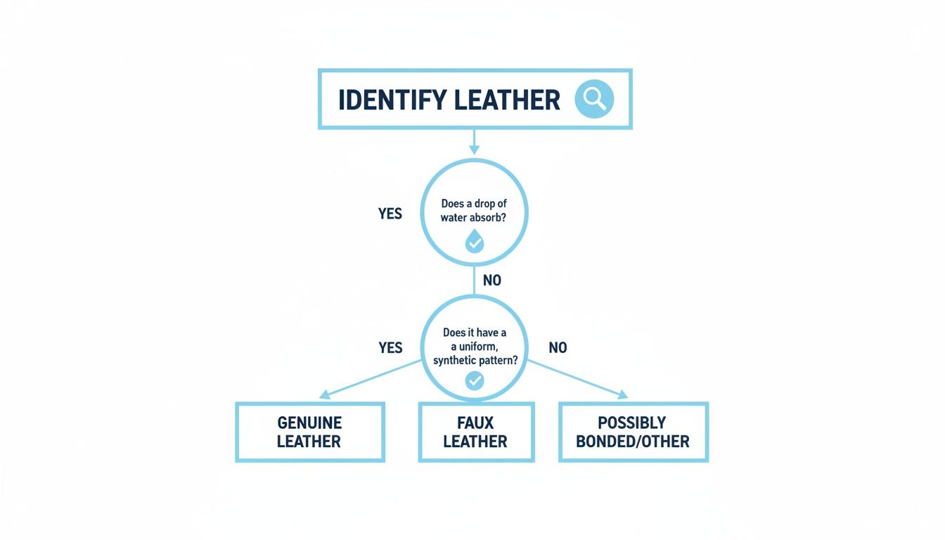 A flowchart titled 'Identify Leather' showing steps to distinguish genuine, faux, and bonded leather based on water absorption and pattern.