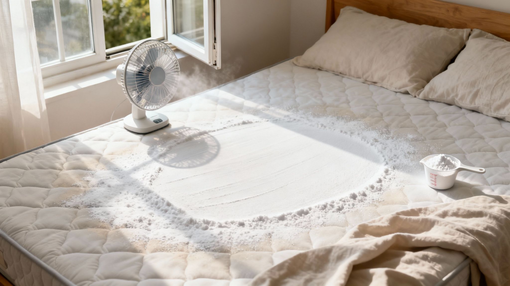 Baking soda being used with a fan to clean and deodorize a stained mattress.