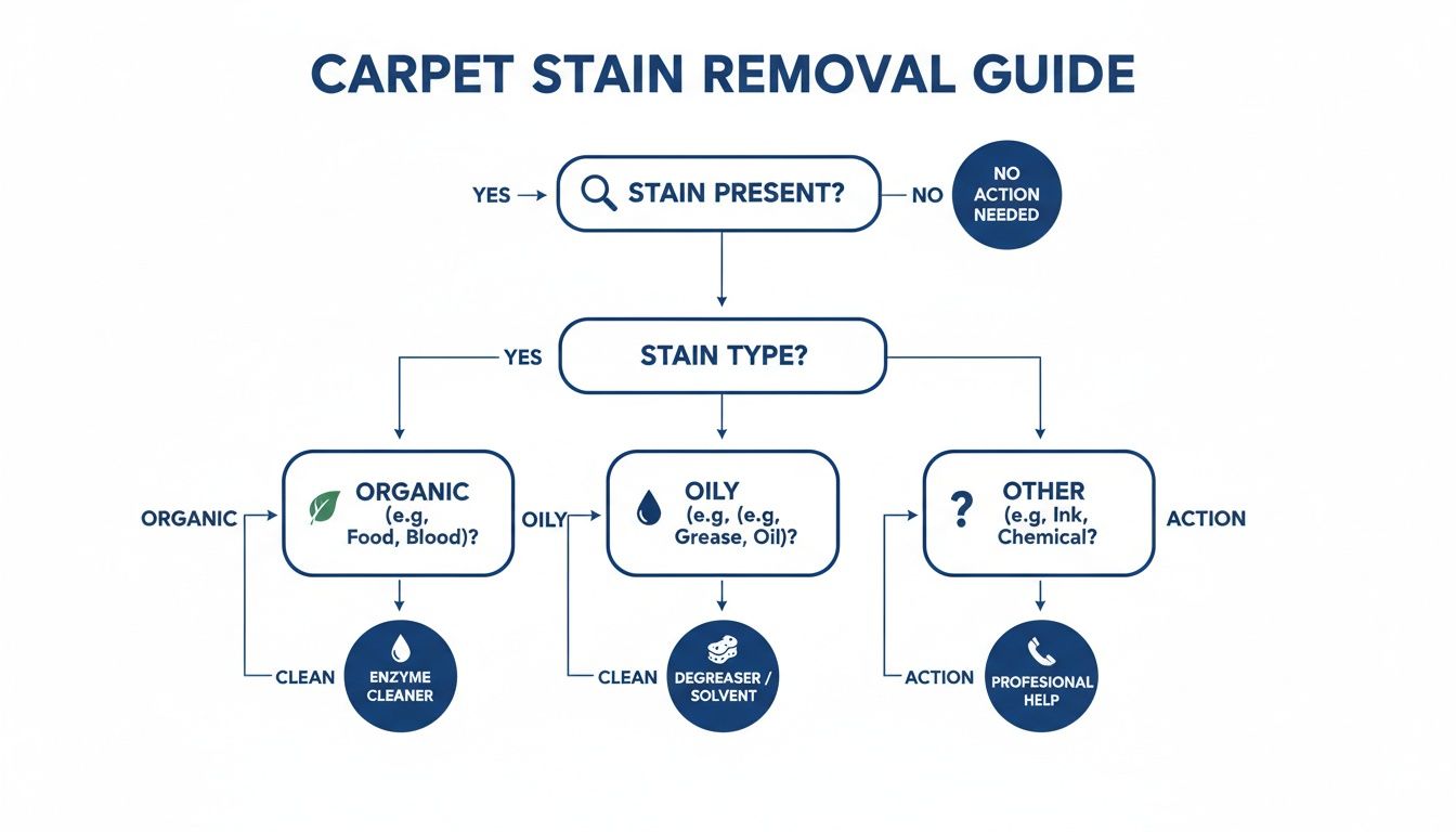 Flowchart guide for carpet stain removal, detailing steps for organic, oily, and other stains.