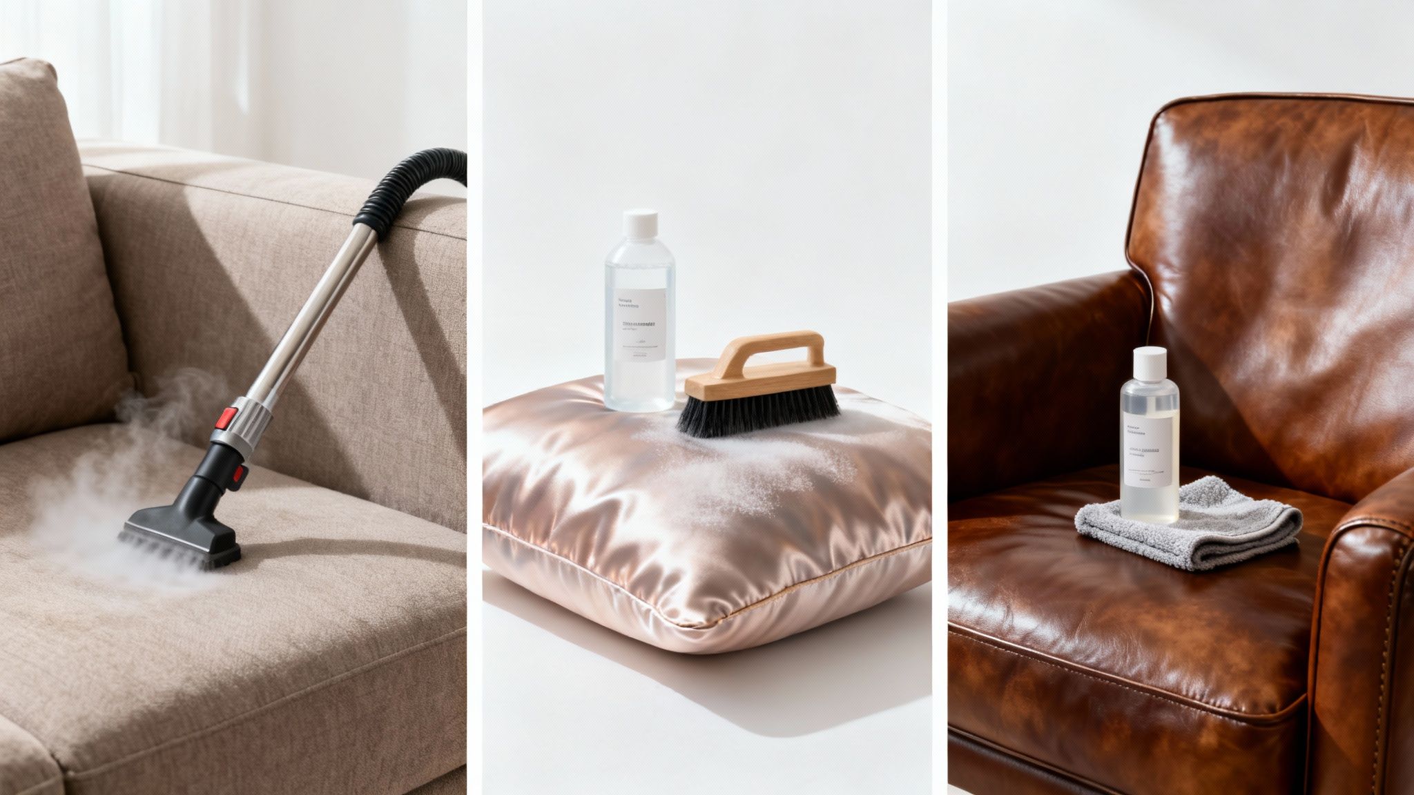 Three panels depicting different upholstery cleaning processes for fabric sofas, silk cushions, and leather armchairs.
