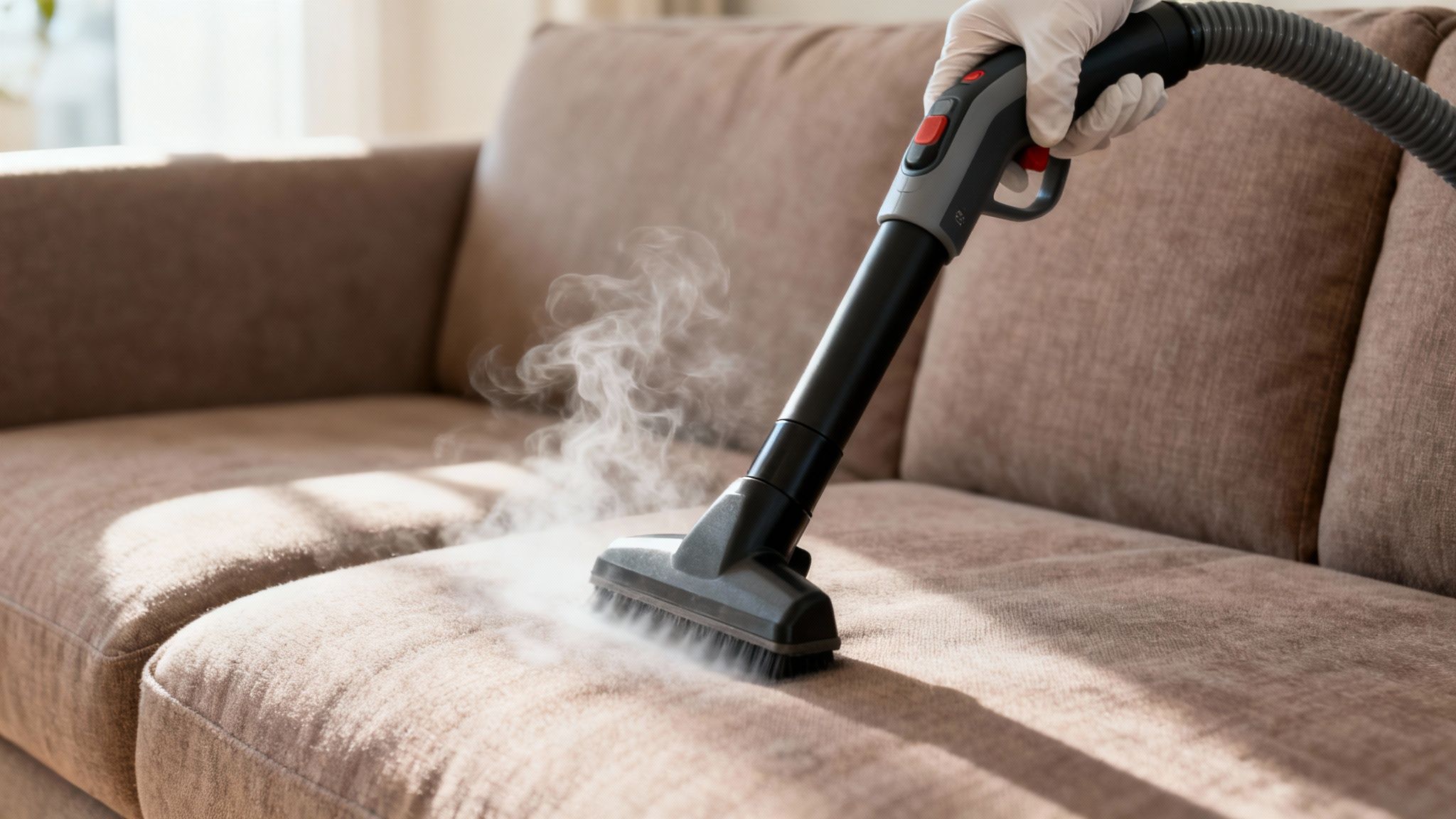Close-up of a person in white gloves steam cleaning a brown sofa, with visible steam.