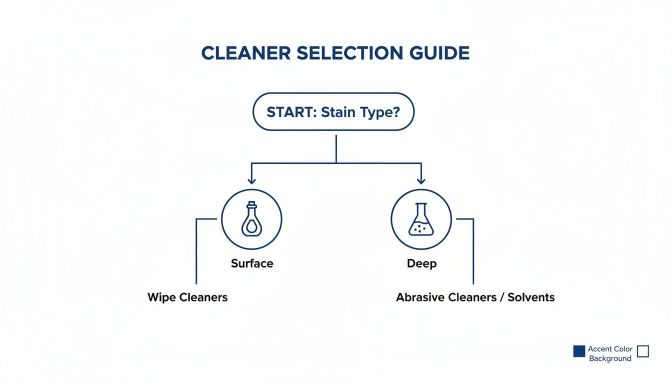 Flowchart explaining a cleaner selection guide based on stain type, recommending wipe or abrasive cleaners.