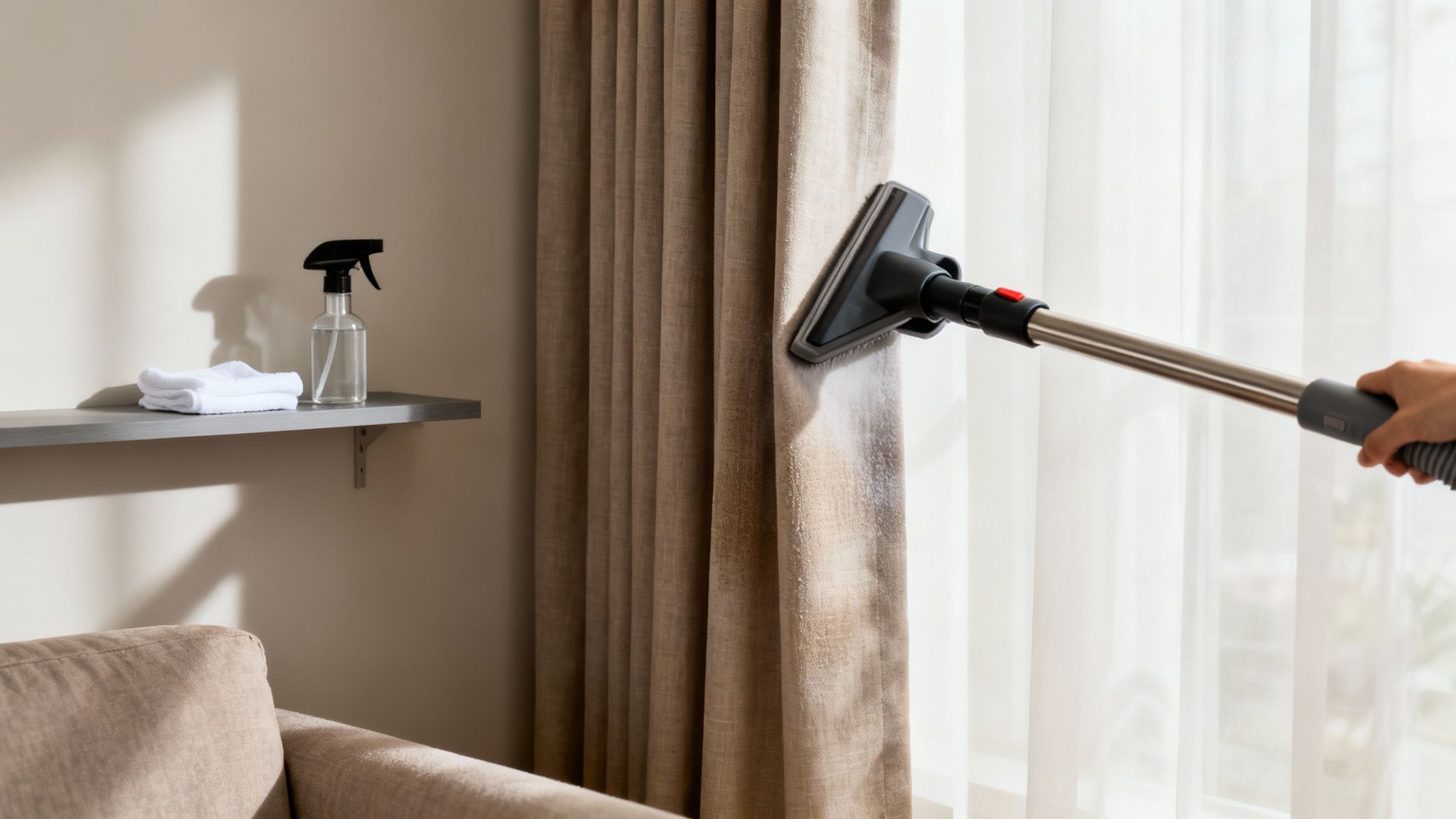 A person vacuums a brown curtain with a brush attachment, showing cleaning in progress.