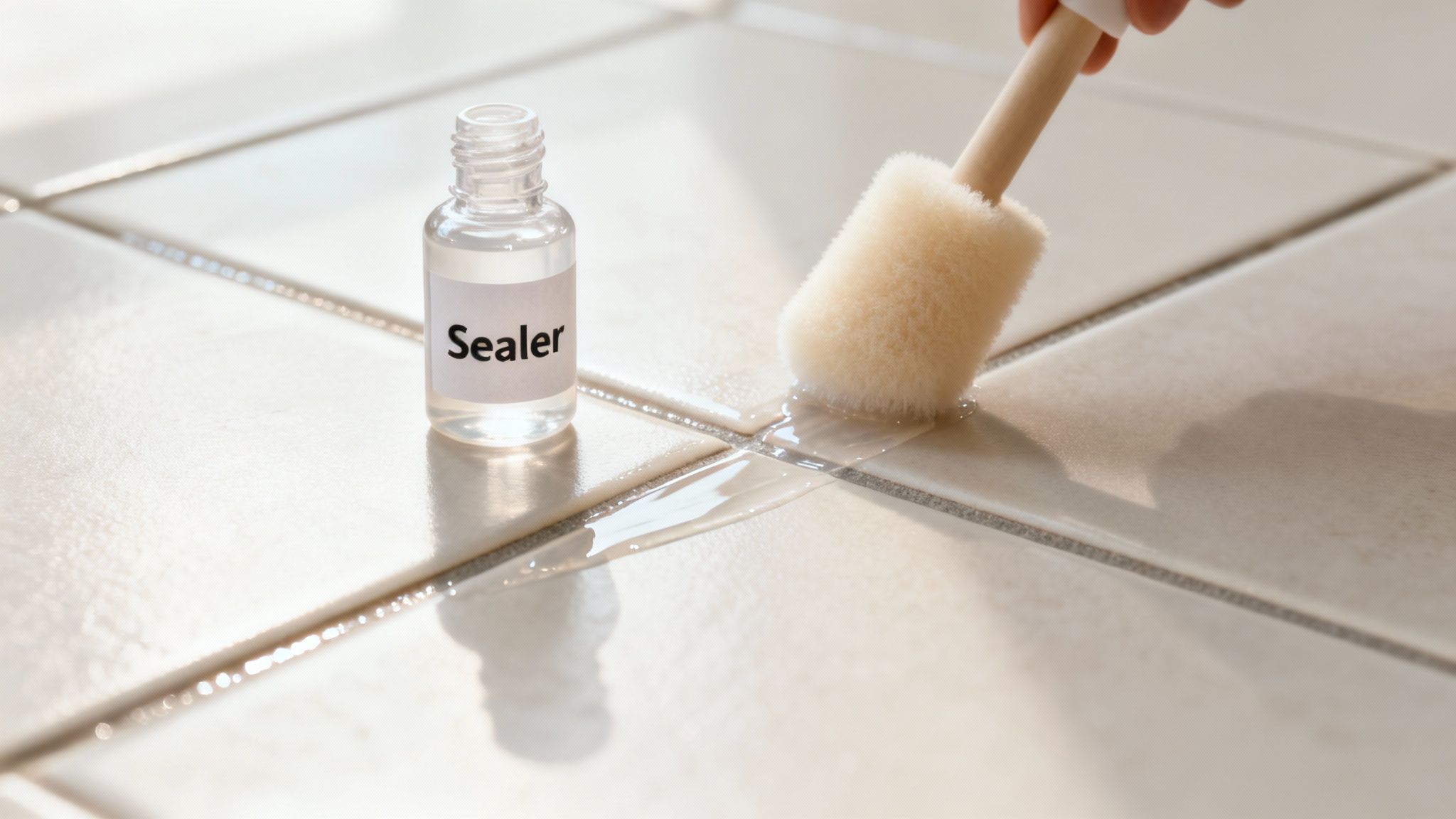 A person applies clear grout sealer to light-colored floor tiles using a sponge brush.