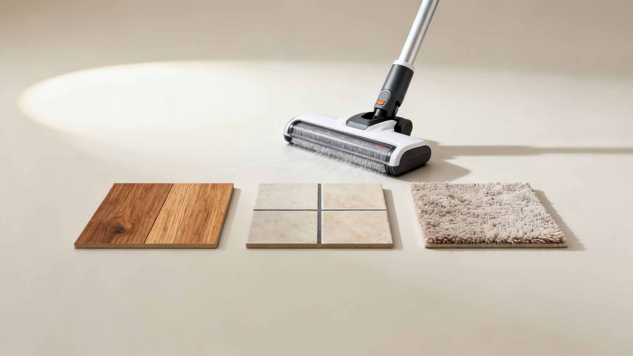 A cordless vacuum cleaner head demonstrates cleaning capabilities on wood, tile, and carpet samples.