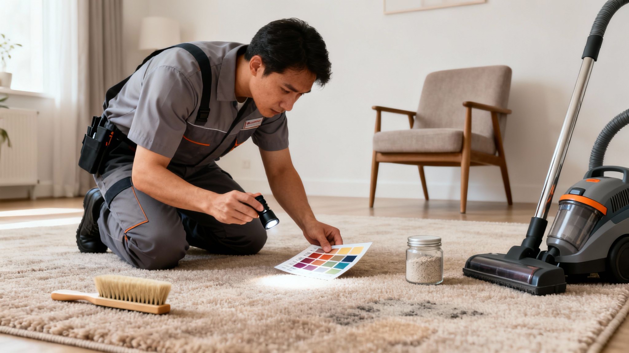 A carpet cleaner inspects a stain on a light carpet with a flashlight and color chart.