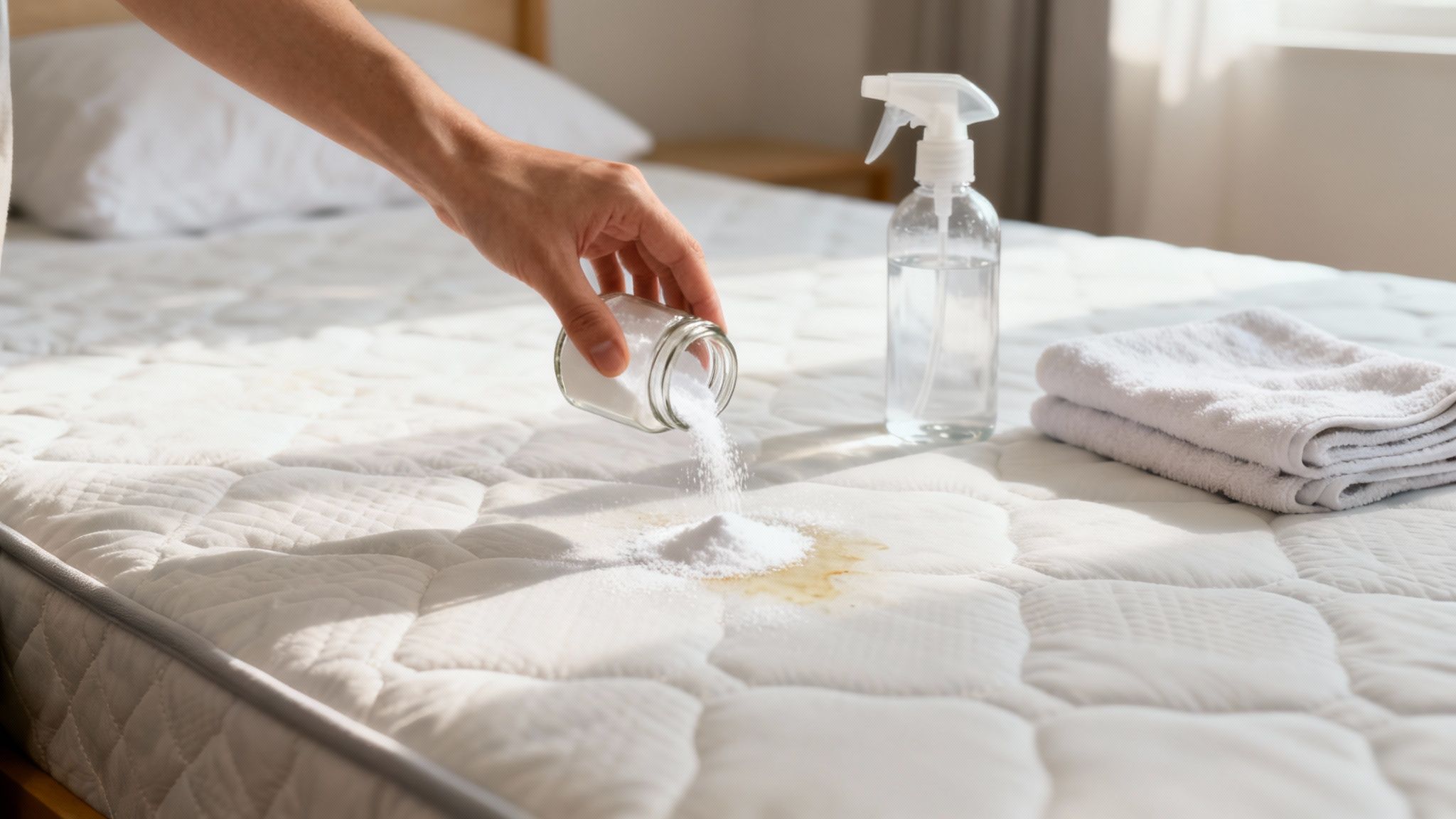 A hand pours white powder onto a yellow stain on a white quilted mattress, with cleaning supplies.