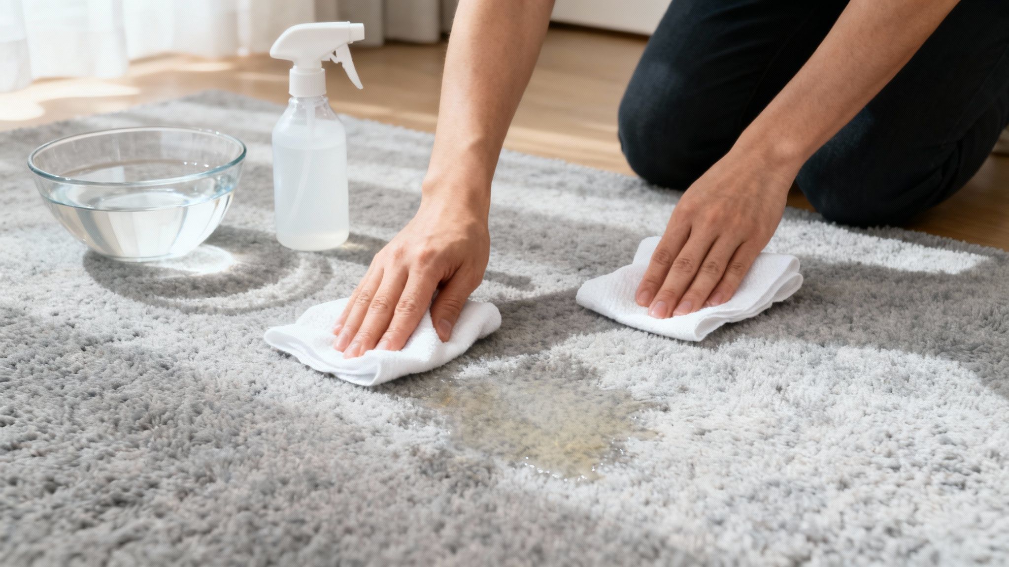 A person kneeling to clean a fresh spill on a grey carpet using white cloths and spray.