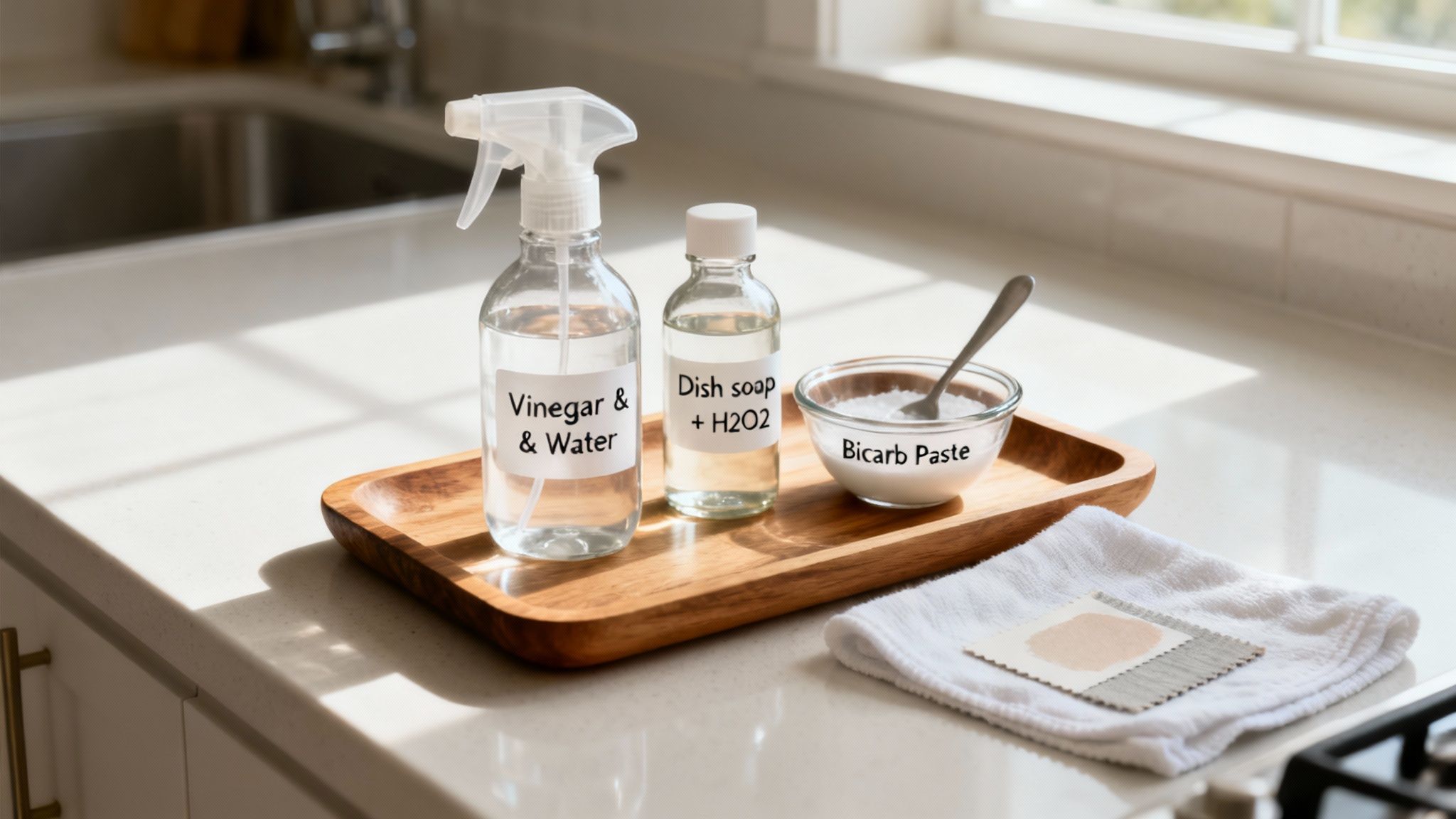 DIY eco-friendly cleaning solutions for home, including vinegar, dish soap, and baking soda paste.