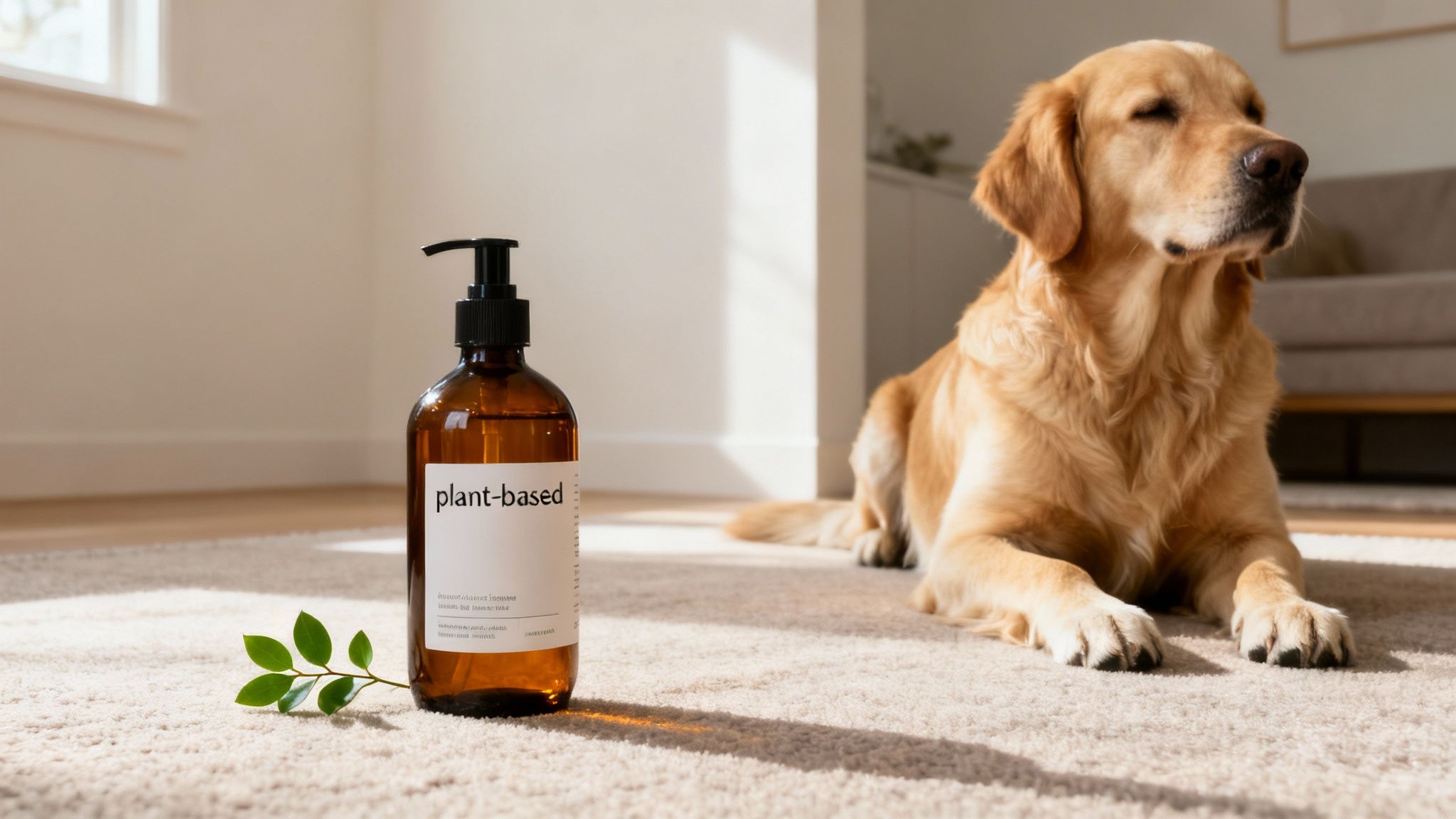 A golden retriever dog lies on a light carpet next to a plant-based product bottle and a green leaf.