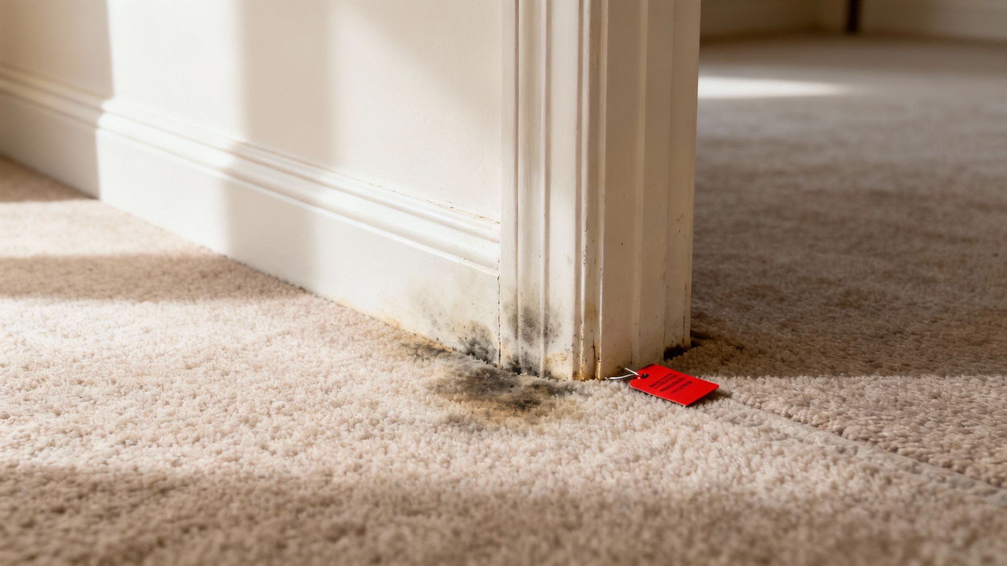 Mold and mildew spreading from a white baseboard onto a light-colored carpet, indicating water damage.