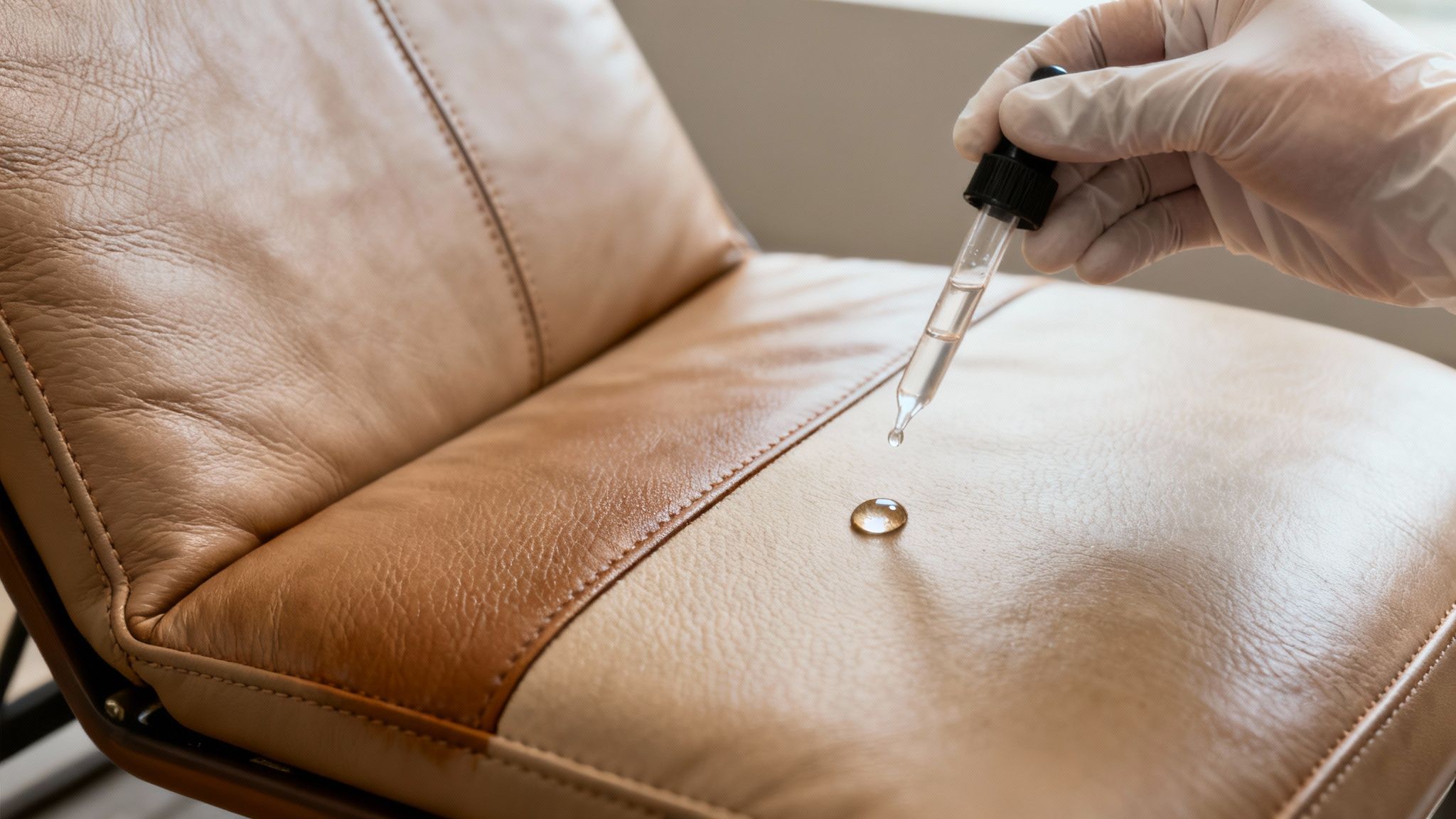 Gloved hand applying a protective liquid droplet onto light brown leather upholstery with a dropper.