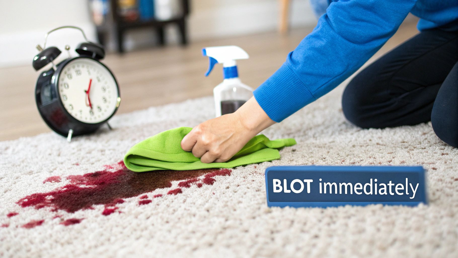 A person sprinkling salt onto a red wine stain on a light-coloured carpet.
