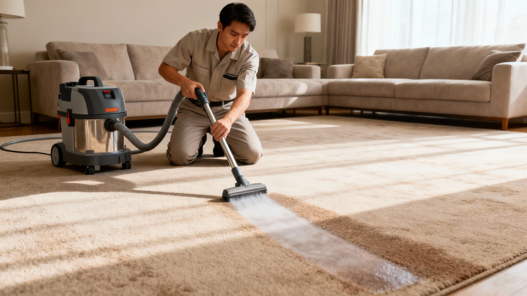 A man kneeling, deep cleaning a light brown living room carpet with a wet vacuum cleaner, showing a clean strip.