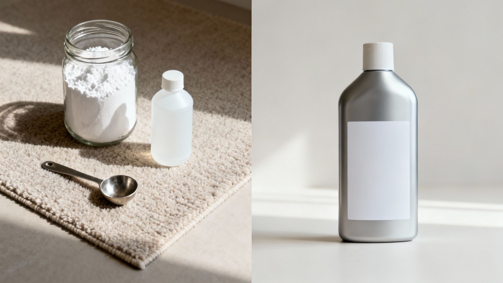 Ingredients for carpet stain removal including white powder, clear liquid, and a metallic bottle.
