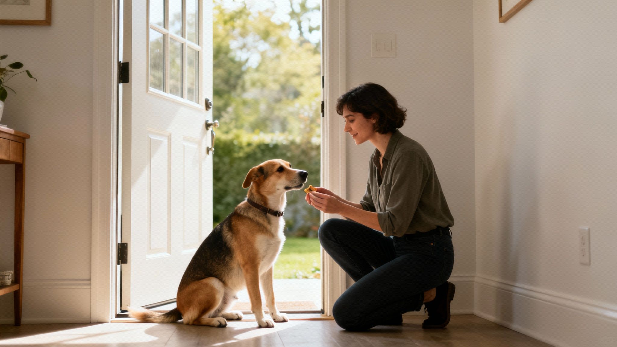 A woman kneels, offering a treat to a dog by an open front door on a sunny day.