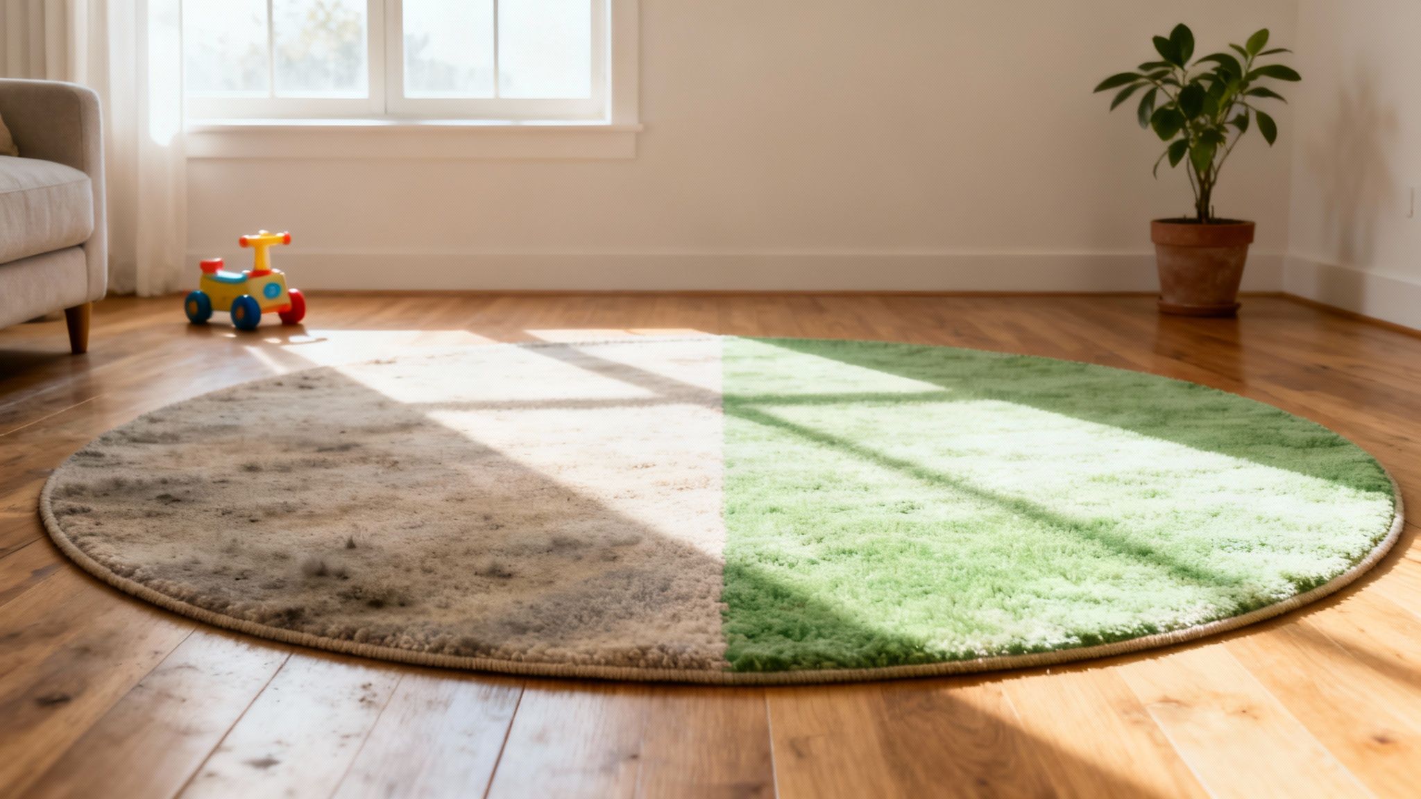 A before and after comparison of a round rug, showing one half dirty and the other clean green.