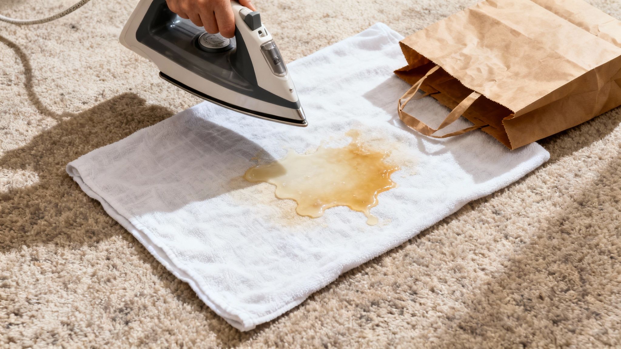 A person irons a white towel with a sticky brown spill on a beige carpet.