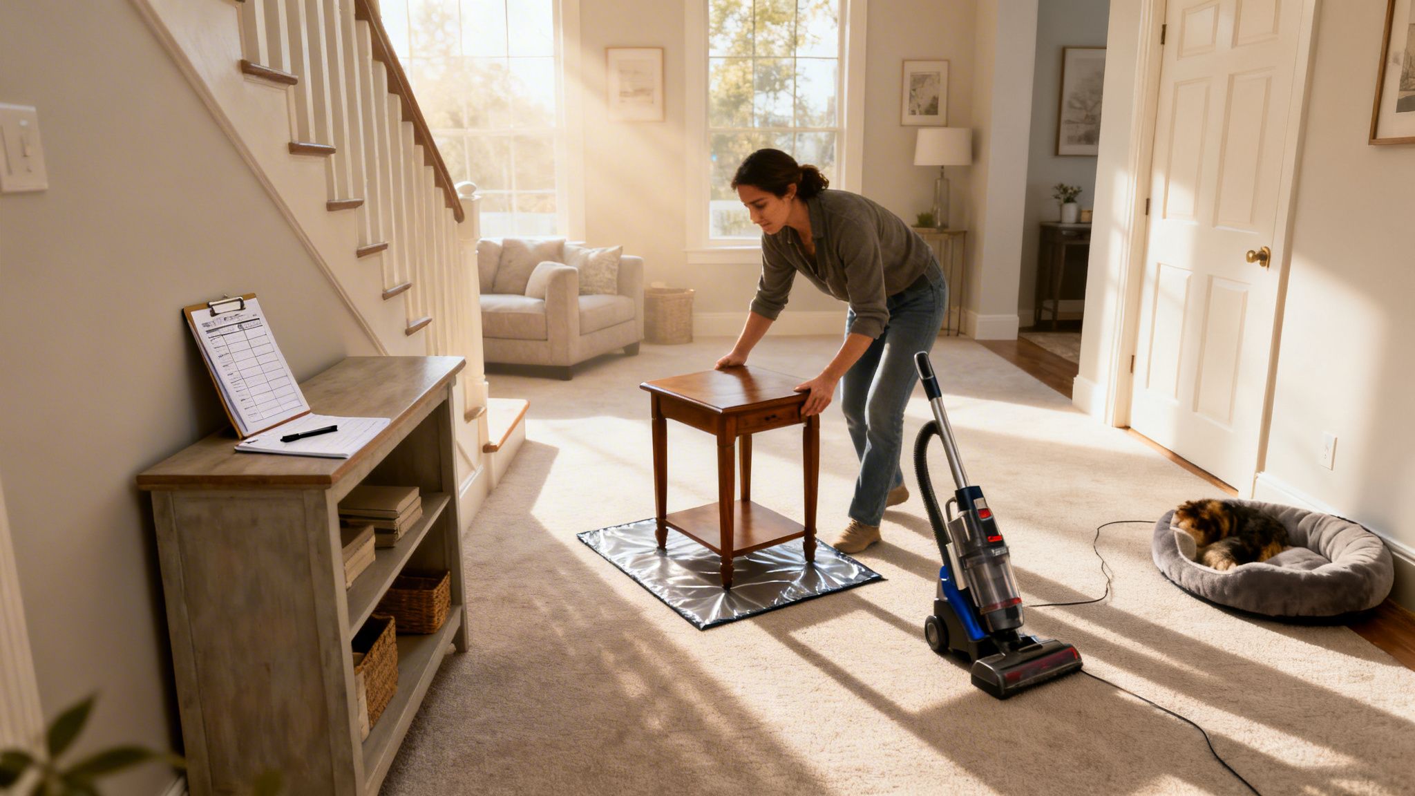 A woman moves a wooden side table onto a protective mat before vacuuming a carpeted room.