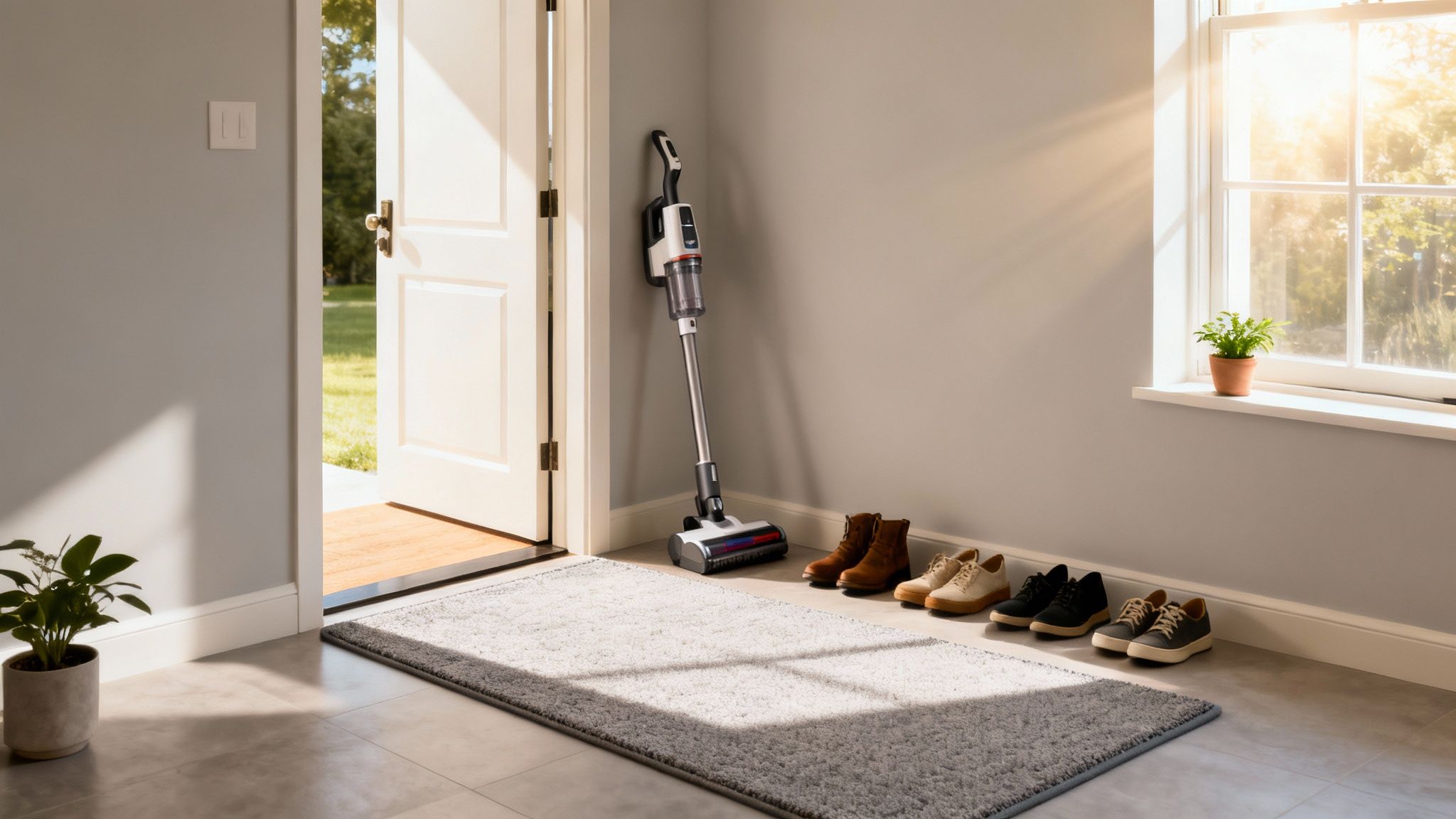 A bright and tidy entryway with a standing vacuum cleaner, several pairs of shoes, and potted plants, bathed in sunlight.
