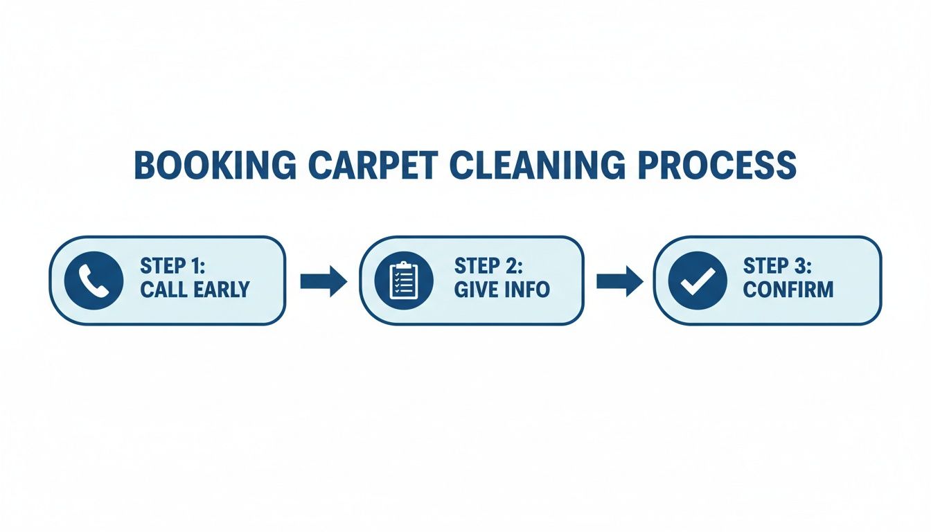 A three-step process infographic detailing how to book carpet cleaning: Call Early, Give Info, and Confirm.
