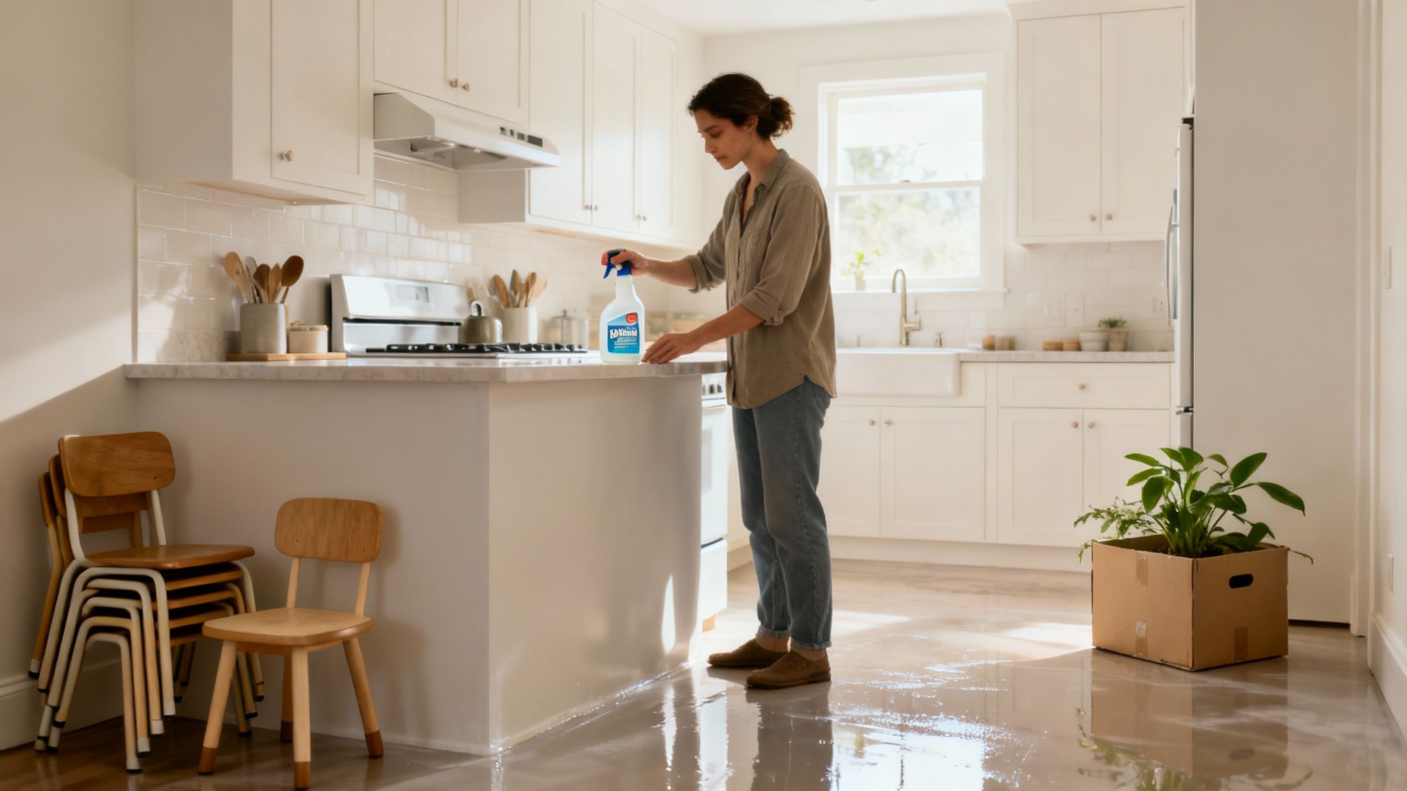 Woman uses spray cleaner on a wet kitchen floor, white cabinets in the background.