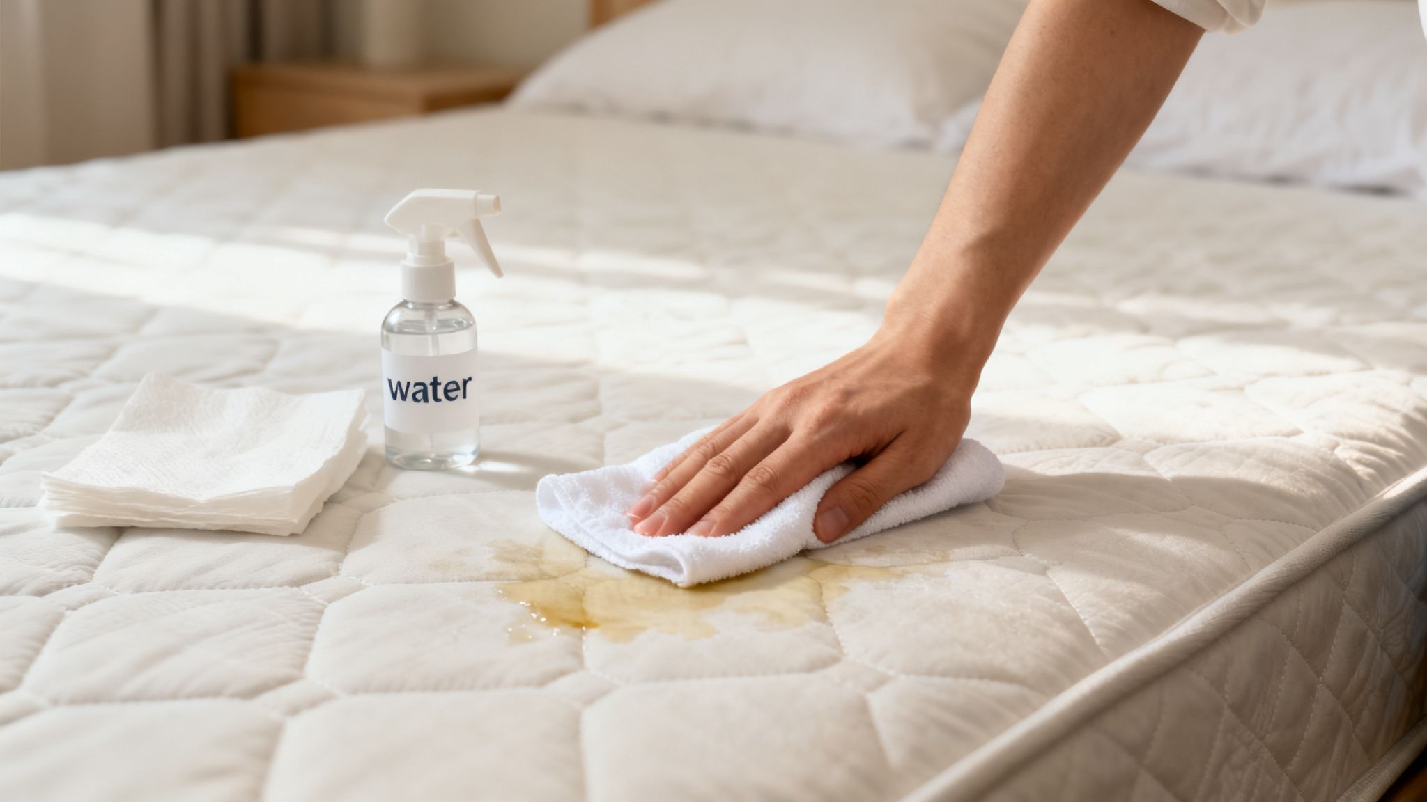 Person cleaning a mattress stain with water spray, a white cloth, and paper towels.